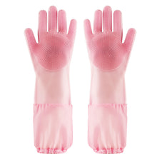Load image into Gallery viewer, Silicone Dishwashing Scrubbing Gloves Long Cuff and Flannel Lining - airlando
