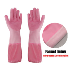 Load image into Gallery viewer, Silicone Dishwashing Scrubbing Gloves Long Cuff and Flannel Lining - airlando
