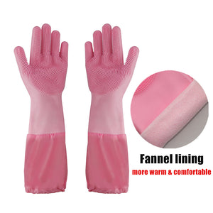 Silicone Dishwashing Scrubbing Gloves Long Cuff and Flannel Lining - airlando