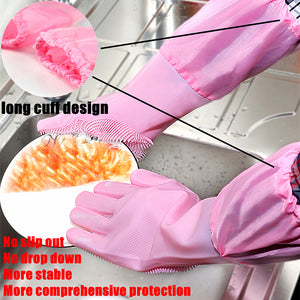 Silicone Dishwashing Scrubbing Gloves Long Cuff and Flannel Lining - airlando