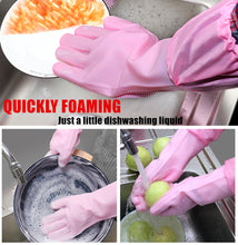 Load image into Gallery viewer, Silicone Dishwashing Scrubbing Gloves Long Cuff and Flannel Lining - airlando
