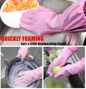 Silicone Dishwashing Scrubbing Gloves Long Cuff and Flannel Lining - airlando