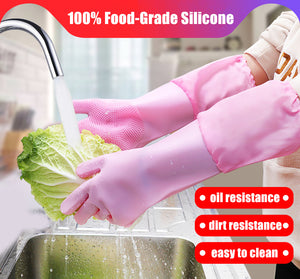 Silicone Dishwashing Scrubbing Gloves Long Cuff and Flannel Lining - airlando